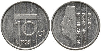 НИДЕРЛАНДЫ 10 ЦЕНТОВ 1995 БЕАТРИКС KM 203 никель 96-1255