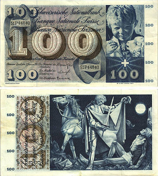 Швейцария 100 франков 1965 23 декабря 1965, серия 51 P, подпись 39 Pick 49 h бумага 8606-22-2-1