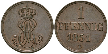 Ганновер 1 пфенниг 1851 B, Эрнст Август (1837-1851) KM 201.1, AKS 129, J. 74 медь 4608-1122