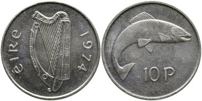 ИРЛАНДИЯ 10 ПЕНСОВ 1974 ЛОСОСЬ KM 23 медно-никель 4531-733