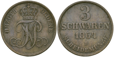 Ольденбург 3 шварена 1864 В KM 191(C57) медь 65-711