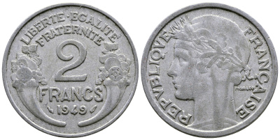 ФРАНЦИЯ 2 ФРАНКА 1949 KM 886а.1 алюминий 4384-1025