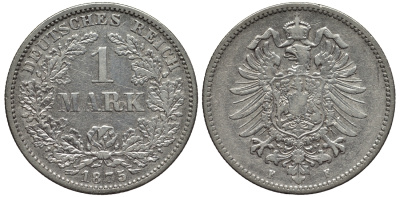 Германия 1 марка 1875 F, Weege 17, J. 9, KM 7 серебро 443-943