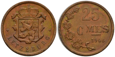 Люксембург 25 сантимов 1946 Шарлотта (1918-1964) KM 45 бронза 4532-427