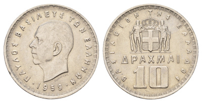 Греция 10 драхм 1959 KM 84 никель aUNC 4667-824