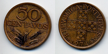 ПОРТУГАЛИЯ 50 СЕНТАВО 1974 KM 596 бронза 29-1164