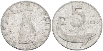 ИТАЛИЯ 5 ЛИР 1954 R, РУЛЬ, ДЕЛЬФИН KM 92 алюминий 95-1241