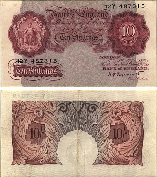 АНГЛИЯ 10 ШИЛЛИНГОВ 1934-1939 КОРИЧНЕВАЯ, ПОДПИСЬ K.O. PEPPIATT Pick 362с бумага VF-XF 7207-38-1