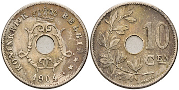 БЕЛЬГИЯ 10 САНТИМОВ 1904 BELGIE KM 53 медно-никель 4589-737