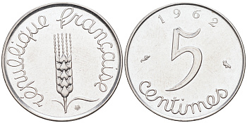 ФРАНЦИЯ 5 САНТИМОВ 1962 KM 927 хромированная сталь 4588-348