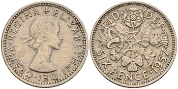 Великобритания 6 пенсов 1957 Елизавета II (1952-2022) KM 903, Spink 4149 медно-никель 4115-729