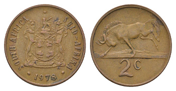 ЮАР 2 цента 1978 герб, антилопа гну KM 83 бронза 4627-166