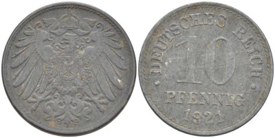 ГЕРМАНИЯ 10 ПФЕННИГОВ 1921 (1917-1922) KM 26, J. 299, Weege 8 цинк 210-251