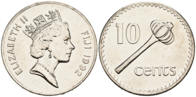 Фиджи 10 центов 1992 Елизавета II (1952-), булава KM 52a никелированная сталь BUNC 92-657