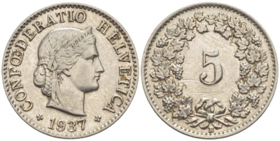 ШВЕЙЦАРИЯ 5 РАППЕНОВ 1937 В KM 26 медно-никель 4532-934