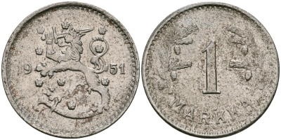 Финляндия 1 марка 1951 Н KM 30b железо 4580-1255