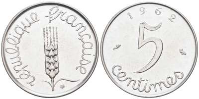 ФРАНЦИЯ 5 САНТИМОВ 1962 KM 927 хромированная сталь 4588-348