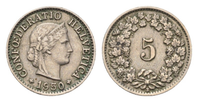 Швейцария 5 раппенов 1950 B, редкий год KM 26 медно-никель 46-1132