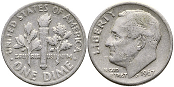 США 10 центов (дайм) 1967 Рузвельт KM 195а медь плакированная медно-никелем 84-931