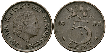 НИДЕРЛАНДЫ 5 ЦЕНТОВ 1955 ЮЛИАНА KM 181 бронза 95-321