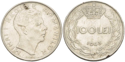 Румыния 100 леев 1943 Михай I (1940-1947) KM 64 сталь плакированная никелем 215-536