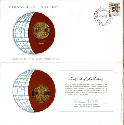 Тунис 100 миллимов 1960 конверт с маркой первого дня гашения, Coins of Nations KM 309 латунь UNC 4294-66-2