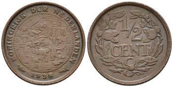 Нидерланды 1/2 цента 1938 Вильгельмина (1890-1948) KM 138 бронза 4576-425