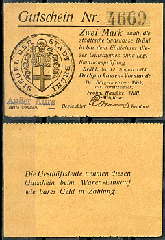 Германия, Брюль 2 марки 1914 нотгельд, 1914/1915, надпечатка aber kurs Diessner 52.7.c бумага UNC (пресс) 8614-43-4-1