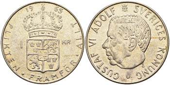 Швеция 1 крона 1965 U, Густав VI Адольф (1950-1973) KM 826 серебро 4150-151