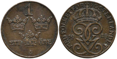Швеция 1 эре 1929 Густав V (1907-1950) KM 777.2 бронза 201-1128