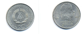 ГДР 20 марок 1972 А, Фридрих Шиллер (1759-1805) KM 40 медно-никель 3333-645