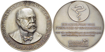 Нидерланды медаль ND Роберт Кох (1843-1910) врач, исследователь туберкулёза, лауреат нобелевской премии по медицине 1905 года, HOECHST PHARMA, диаметр 50   белый металл    1089-3-23