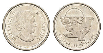 Канада 25 центов 2011 Сапсан, Елизавета II (1952-2022) KM 1169 сталь плакированная никелем aUNC 4631-722