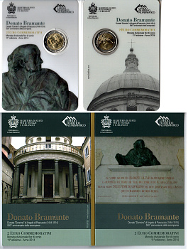 Сан-Марино 2 евро 2014 500 лет со дня смерти Донато Браманте, в оригинальном буклете KM 296 биметалл UNC 8-2-01-14
