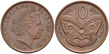 Новая Зеландия 10 центов 2006 маска Маори, Елизавета II (1952-) KM 117а сталь плакированная медью 179-834