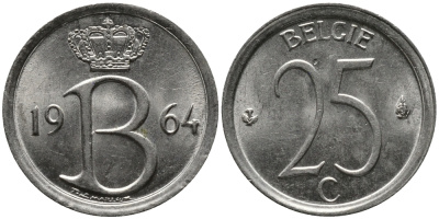 Бельгия 25 сантимов 1964 Belgie, Бодуэн I (1951-1993) KM 154.1 медно-никель 99-351