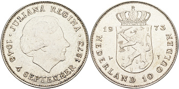 Нидерланды 10 гульденов 1973 25 лет правления королевы Юлианы KM 196 серебро 4368-721