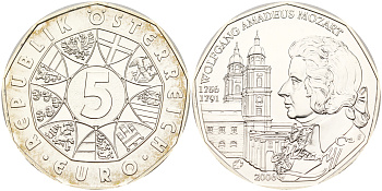 Австрия 5 евро 2006 250 лет со дня рождения Вольфганга Амадея Моцарта, Зальцбургский кафедральный собор KM 3131 серебро UNC 1066-11-43