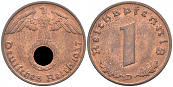 ГЕРМАНИЯ 1 РЕЙХСПФЕННИГ 1937 D J 361, KM 89 бронза aUNC 73-242