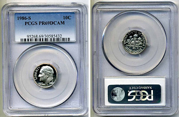 США 10 центов (дайм) 1986 S, Франклин Рузвельт, в слабе PCGS PR69CAM KM 195а медь плакированная медно-никелем PROOF 15-002-07