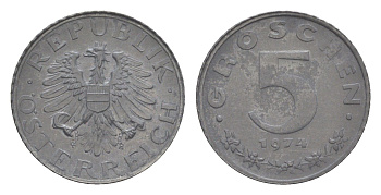 Австрия 5 грошей 1974 KM 2875 цинк PROOF 4567-724