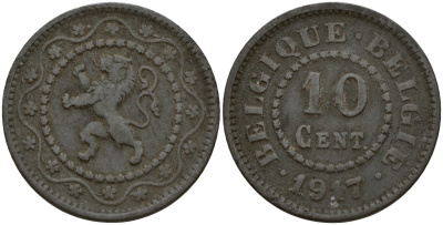 Бельгия 10 сантимов 1917 германская оккупация Первая мировая война, Альберт I (1910-1934) KM 81 цинк 4161-312
