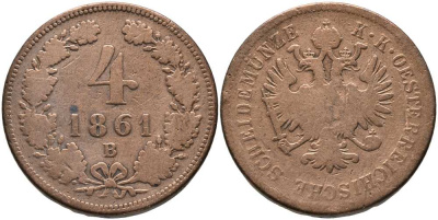 АВСТРИЯ 4 КРЕЙЦЕРА 1861 В, ФРАНЦ ИОСИФ (1848-1916) KM 2194 медь 4538-1053