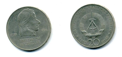 ГДР 20 марок 1972 А, Фридрих Шиллер (1759-1805) KM 40 медно-никель UNC 37-1025