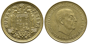 Испания 1 песета 1966 (75) Франциско Франко (1939-1975) КМ 796 алюминиевая бронза 4610-133