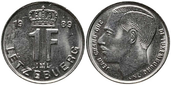 ЛЮКСЕМБУРГ 1 ФРАНК 1989 ВЕЛИКИЙ ГЕРЦОГ ЖАН (1964-2000) KM 63 никель сталь 112-657