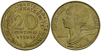 Франция 20 сантимов 1984 тип Marianne KM 930, Le Franс 156.24 медь алюминий никель 4135-622