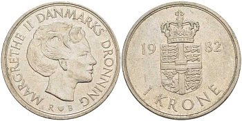 Дания 1 крона 1982 B; B, Маргрете II (1972-) KM 862.2 медно-никель 4388-1117