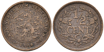 Нидерланды 1/2 цента 1928 Вильгельмина (1890-1948) KM 138 бронза 4576-445