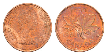 Канада 1 цент 1981 Елизавета II (1952-2022), кленовый лист KM 127 бронза 4639-357
